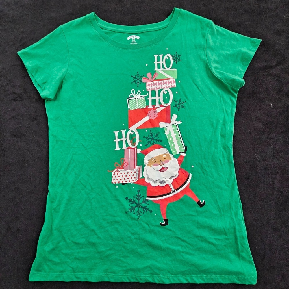 Ho Ho Ho Santa Claus Christmas Green Short Sleeve Cotton T-Shirt Women's L